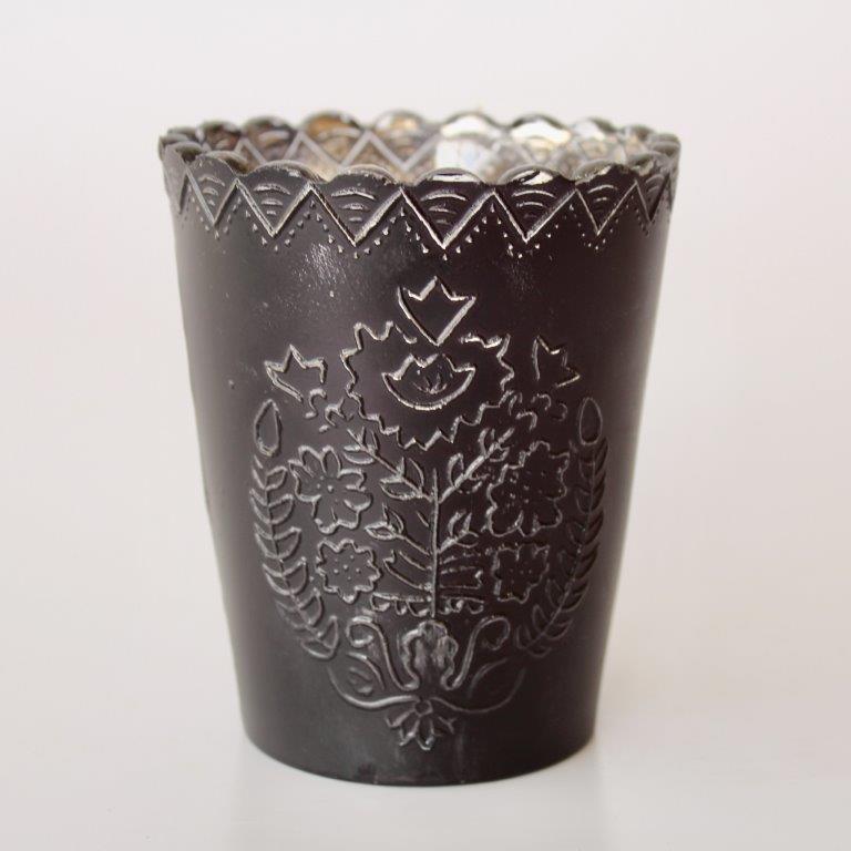BLACK ANTIQUE GLASS TEA LIGHT CANDLE HOLDER  12X10CM